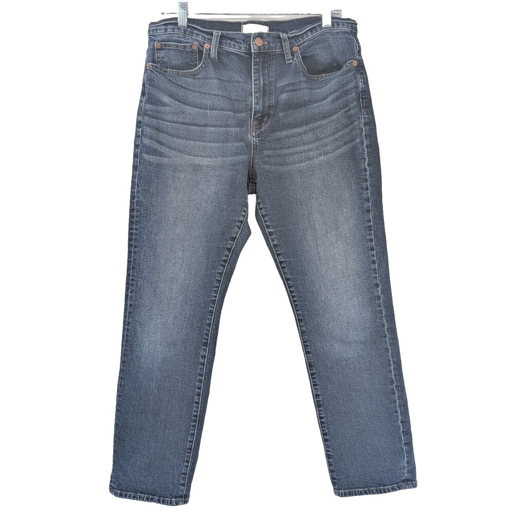 Madewell Dark Wash Blue High Rise Straight Ankle Faded Denim Jeans 33"x27"